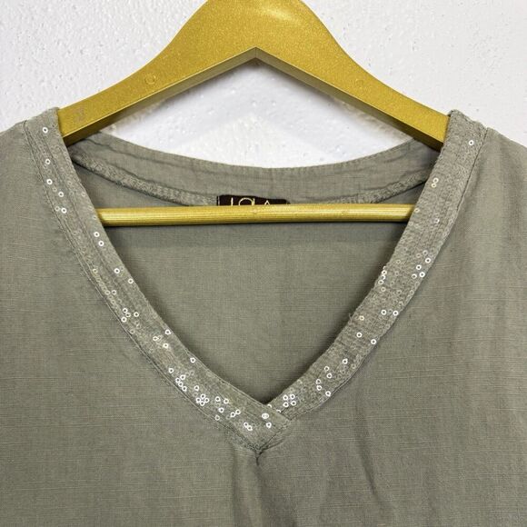 Made In Italy Linen Blend Midi Dress Size M Green Boho Lagenlook Sequins Pockets - Picture 4 of 6